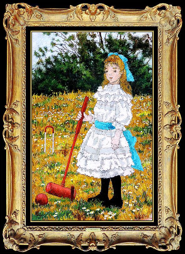 Suzanne Eisendieck Large Oil Painting On Canvas Authentic Signed Girl Portrait: This lot includes:Gallery COA & free domestic shipping (*insurance and international shipping for an additional charge)Artist: Suzanne EisendieckTitle: Sabine Au CroquetMedium: Oil Painting On Canvas