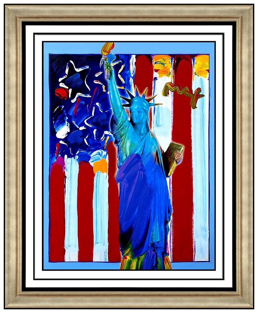 Peter Max Original Acrylic Painting United We Stand Statue Of Liberty Signed Art: This lot includes:Gallery COA & free domestic shipping (*insurance and international shipping for an additional charge)Artist: Peter MaxTitle: United We StandMedium: Acrylic PaintingSize: 24" x 18"Fra