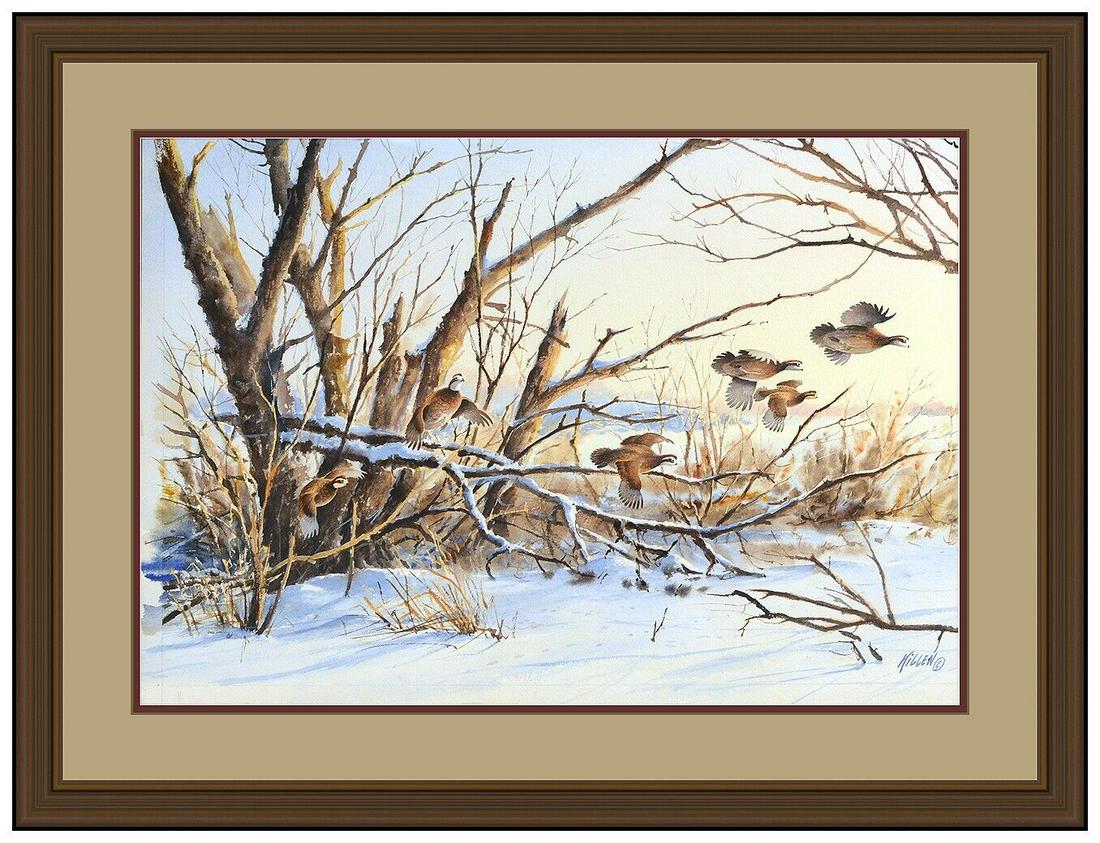 Jim James Killen Original Painting Gouache Watercolor Signed Wildlife Birds Art: This lot includes:Gallery COA & free domestic shipping (*insurance and international shipping for an additional charge)Artist: Jim James KillenTitle: Flight of the QuailMedium: Gouache Watercolor Size