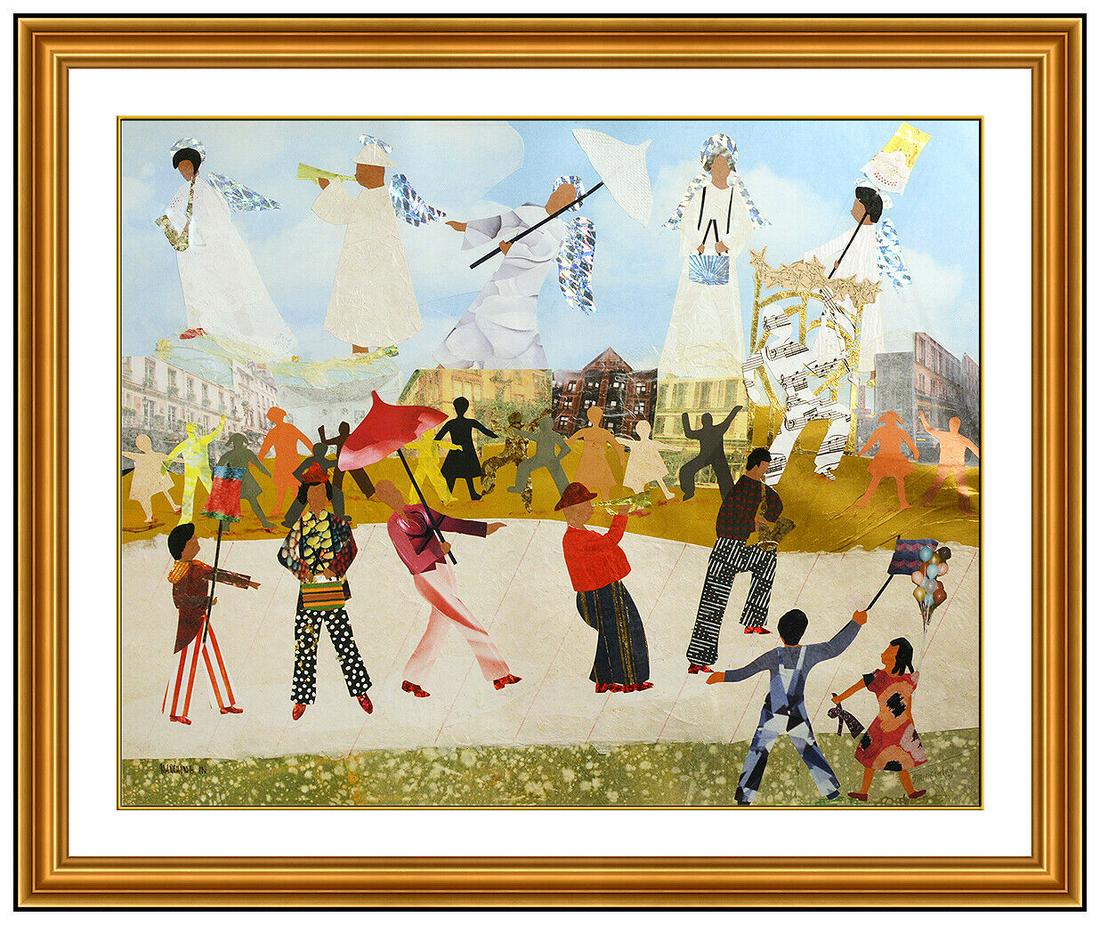 Allen Stringfellow Large Original Mixed Media Collage Painting Framed Signed Art: This lot includes:Gallery COA & free domestic shipping (*insurance and international shipping for an additional charge)Artist: Allen StringfellowTitle: Marching In Medium: Mixed Media CollageSize: 26&