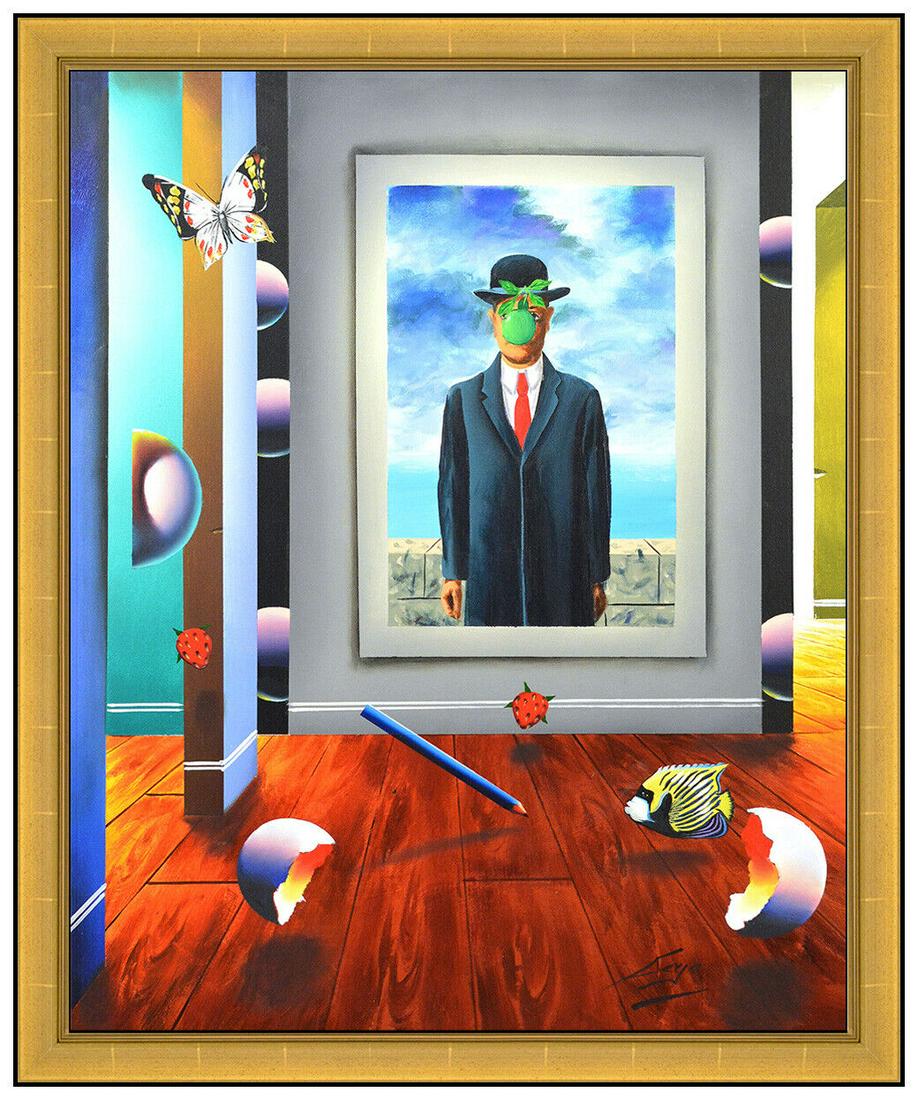 FERJO Original OIL PAINTING on CANVAS Interior Magritte Bowler Hat Signed Art: This lot includes: Gallery COA & free domestic shipping (*insurance and international shipping for an additional charge) Artist: Ferjo Title: The Mystery of Magritte Medium: oil on canvas Size: 30" x 