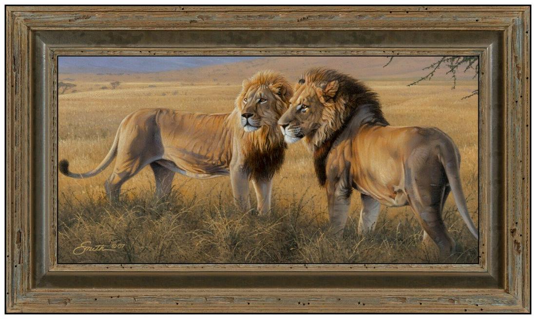 Daniel Smith Original Painting Oil On Board African Wildlife Lion Signed Dan Art: This lot includes:Gallery COA & free domestic shipping (*insurance and international shipping for an additional charge)Artist: Daniel Smith Title: African AllianceMedium: Oil On BoardSize: 7" x 14"Fra