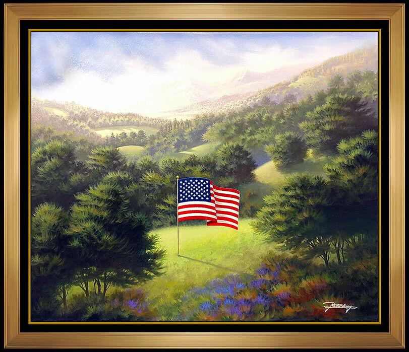 Jon Rattenbury Oil Painting On Canvas Original Signed Landscape Flag Art Framed: This lot includes: Gallery COA & free domestic shipping (*insurance and international shipping for an additional charge) Artist: Jon Rattenbury Title: Land of the Free Medium: Oil Painting On Canvas S