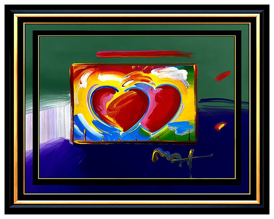 PETER MAX Original Signed PAINTING Acrylic HEARTS Love Pop ART Oil Two Heart: This lot includes:Gallery COA & free domestic shipping (*insurance and international shipping for an additional charge)Artist: Peter MaxTitle: HEARTSMedium: Original Acrylic and mixed media paintingSi