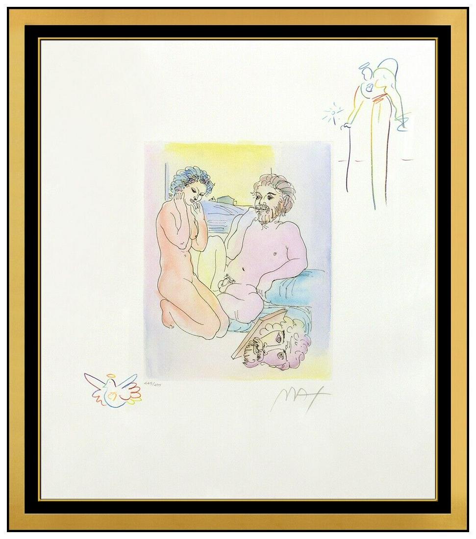 Peter Max Homage To Picasso Hand Colored Etching Signed Portrait Framed Pop Art: This lot includes: Gallery COA & free domestic shipping (*insurance and international shipping for an additional charge)Artist: Peter MaxTitle: Homage To Picasso I: Dove and AngelMedium: color etching
