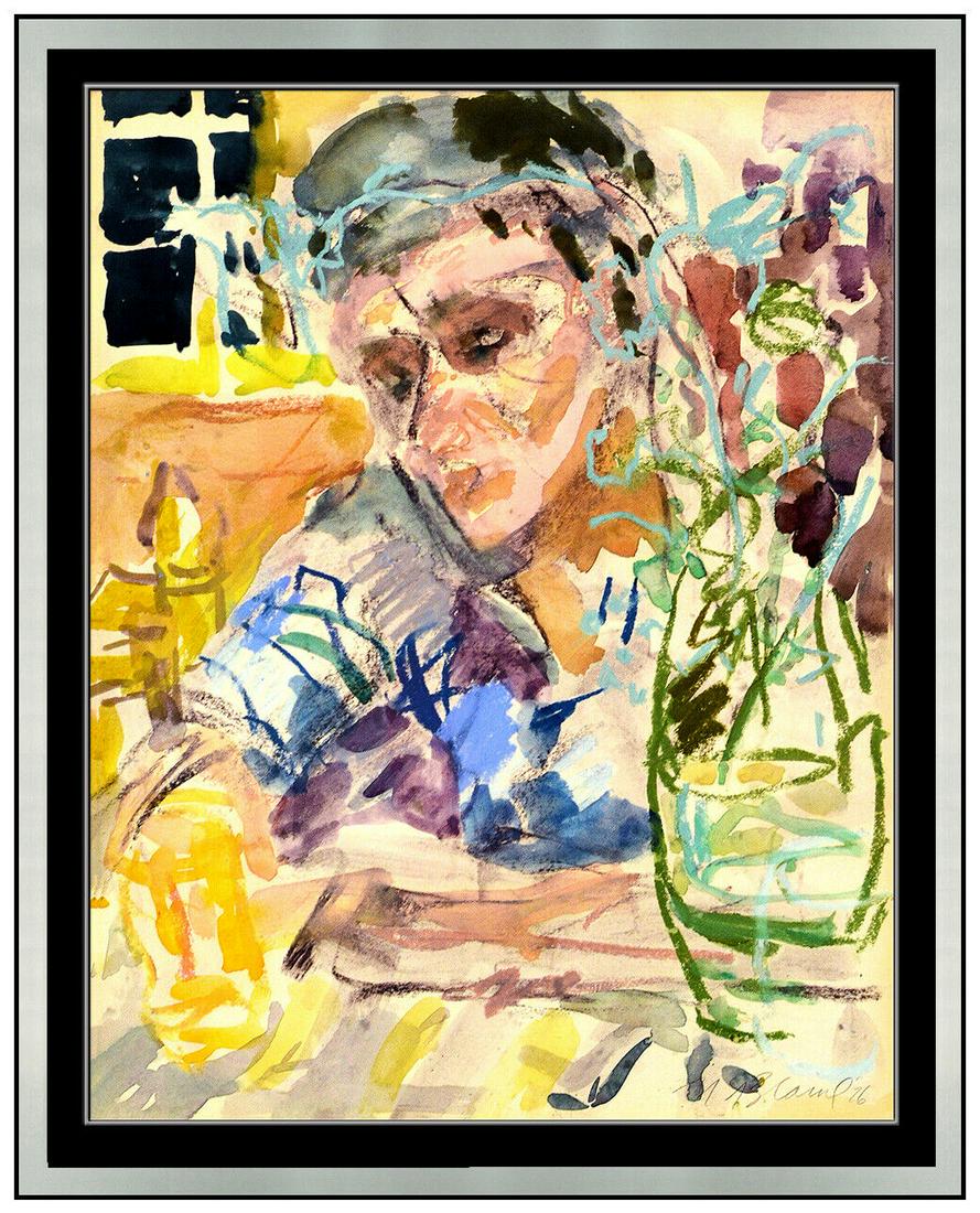 Nell Blaine Original Watercolor Painting Signed Female Portrait Framed Artwork: This lot includes: Gallery COA & free domestic shipping (*insurance and international shipping for an additional charge)Artist: Nell Blaine Title: Carolyn at the Table Medium: Watercolor Size: 15.5" x