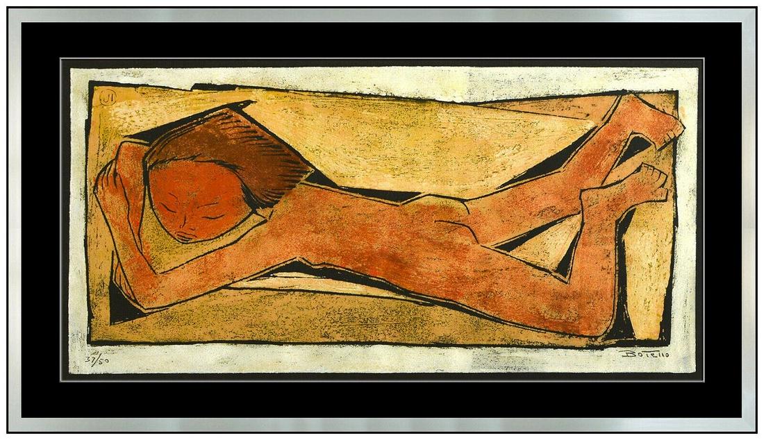 Angel Botello Original Color Linocut Hand Signed Nude Female Portrait Artwork: This lot includes: Gallery COA & free domestic shipping (*insurance and international shipping for an additional charge) Artist: Angel Botello Title: Beach Day Medium: Linocut Size: 16 1/2” x 25