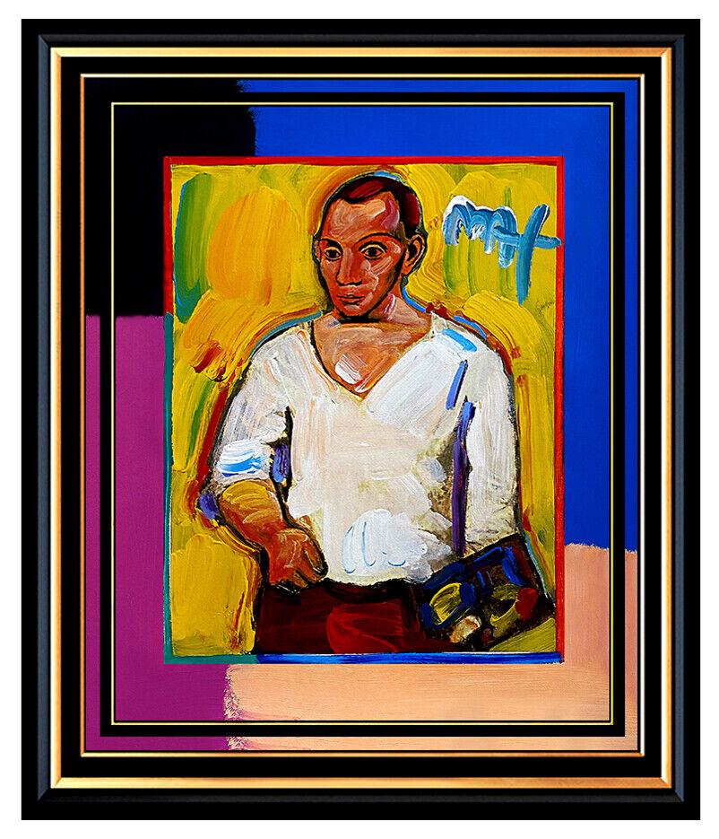 Peter Max Original Acrylic Painting Of Artist Pablo Picasso Signed Pop Art Oil: This lot includes:Gallery COA & free domestic shipping (*insurance and international shipping for an additional charge)Artist: Peter MaxTitle: PABLO PICASSOMedium: Acrylic and Collage on paperSize: 22