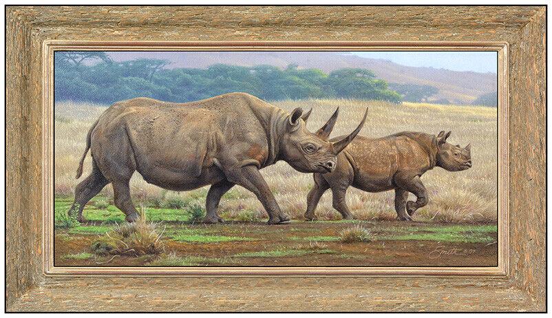 Daniel Dan Smith Original Wildlife Landscape Painting On Board Signed Framed Art: This lot includes:Gallery COA & free domestic shipping (*insurance and international shipping for an additional charge)Artist: Daniel Dan Smith Title: Rhinos - Against All OddsMedium: Oil Painting on