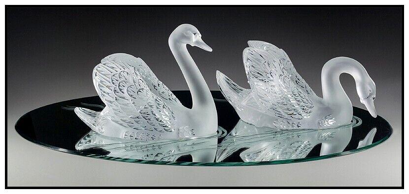 Rene Lalique Studios Crystal Swans Mirror Sculpture Signed Antique Glass Artwork (1 of 5)