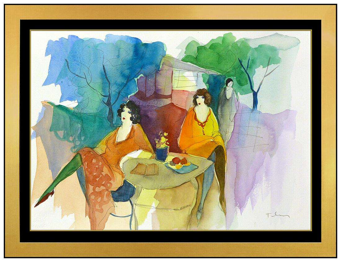 Itzchak Tarkay Original Watercolor Painting Signed Cafe Portrait Female Ladies: This lot includes:Gallery COA & free domestic shipping (*insurance and international shipping for an additional charge)Artist: Itzchak TarkayTitle: Outdoor CafeMedium: Watercolor Painting on PaperSize
