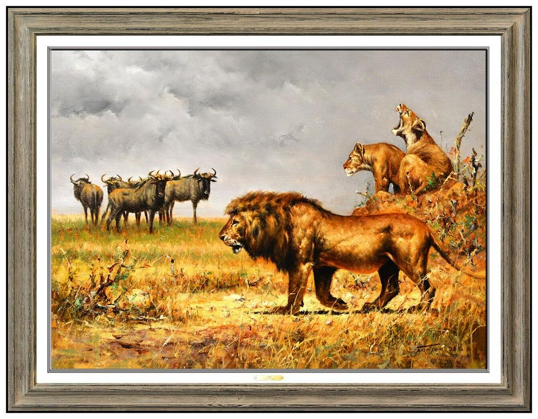 Eric Forlee Original Painting On Canvas Wildlife Lion Animal Signed Framed Art: This lot includes:Gallery COA & free domestic shipping (*insurance and international shipping for an additional charge)Artist: Eric ForleeTitle: The LionMedium: Oil painting on canvasFramed: 26”