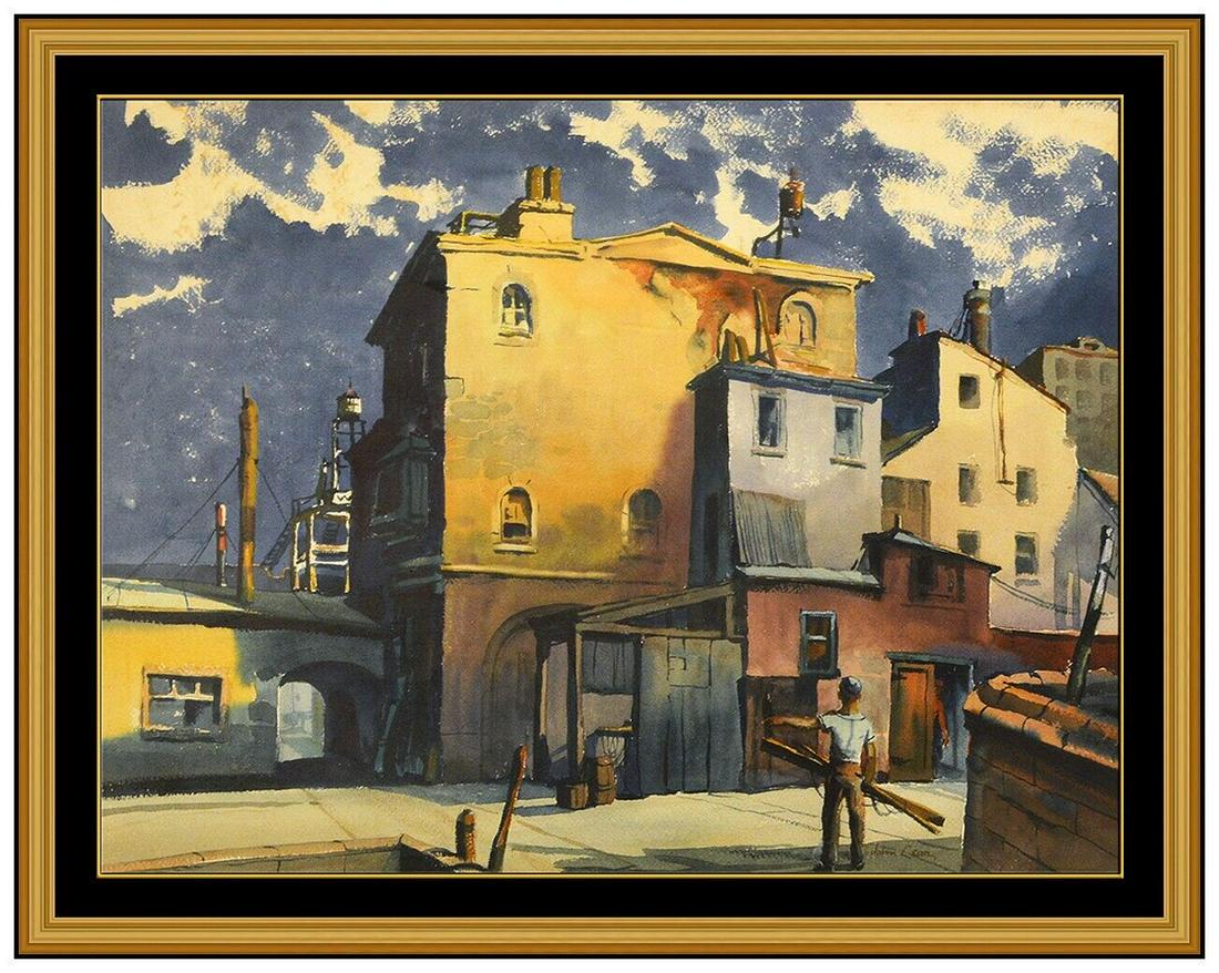John B Lear Original Gouache Painting Signed Figurative Cityscape Framed Artwork: This lot includes:Gallery COA & free domestic shipping (*insurance and international shipping for an additional charge)Artist: John B LearTitle: Up for The Job Medium: Gouache PaintingSize: 20”