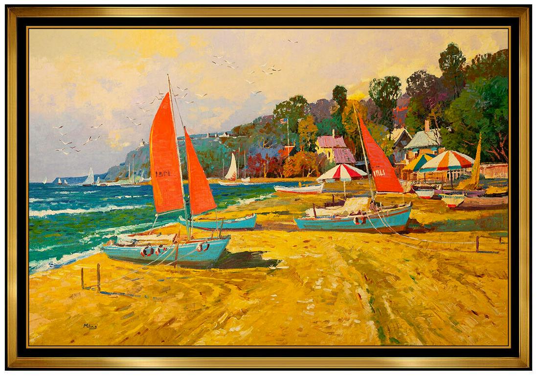 Ming Feng Large Painting Oil On Canvas Signed Beach Landscape Waterfront Artwork: This lot includes:Gallery COA & free domestic shipping (*insurance and international shipping for an additional charge)Artist: Ming Feng Title: Beached Boats & Red Sails Medium: Oil Painting on Canvas
