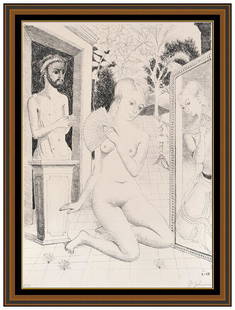 Paul Delvaux Lithograph Hand Signed L'Eventail Figurative Portrait Framed Art: This lot includes:Gallery COA & free domestic shipping (*insurance and international shipping for an additional charge)Artist: Paul DelvauxTitle: L'EventailMedium: Lithograph Size: 30" x 22.5"Framed: