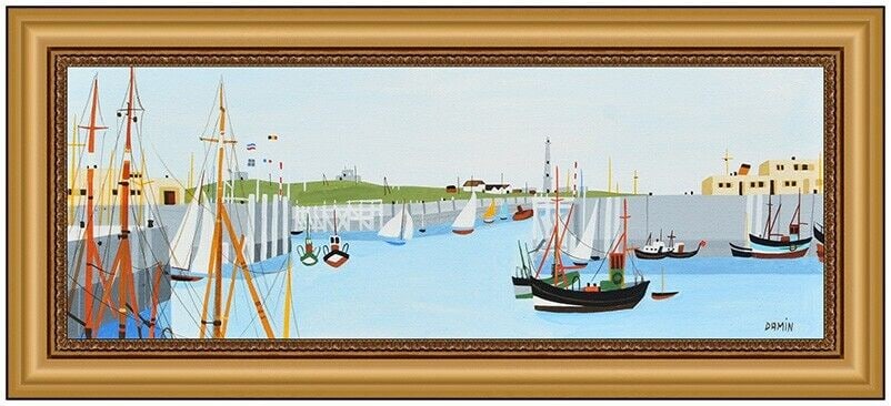 Georges Damin Original Painting Oil On Canvas Harbor Nautical Signed Framed Art (1 of 4)