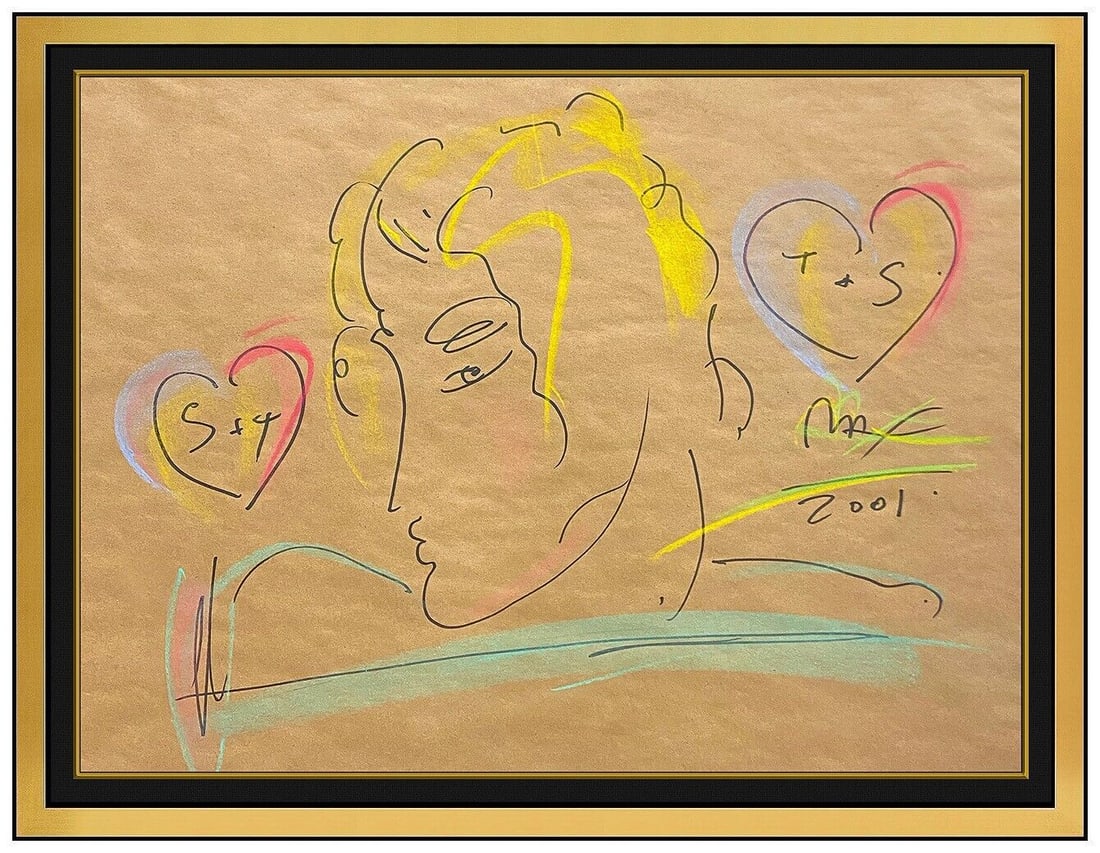 Peter Max Original Color Ink Drawing Signed Heart Flower Lady Profile Pop Art (1 of 4)