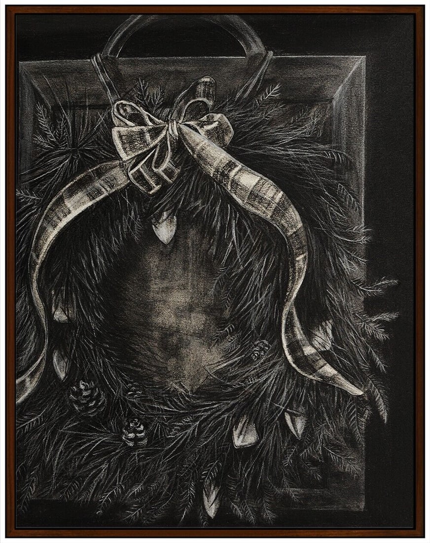 Elad Lassry Charcoal Drawing Original Still Life Authentic Walnut Frame Artwork: This lot includes:Gallery COA & free domestic shipping (*insurance and international shipping for an additional charge)Artist: Elad Lassry Title: Wreath Plaid BowMedium: Charcoal DrawingFramed: 14 &fr