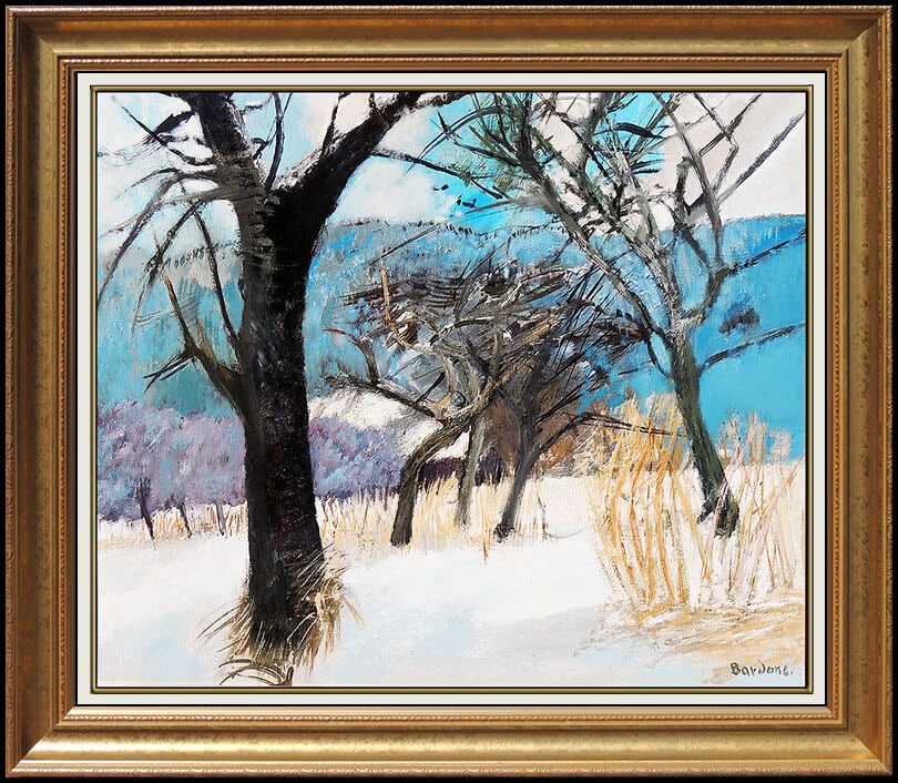 Guy Bardone Original Oil Painting On Canvas French Winter Landscape Signed Art: This lot includes:Gallery COA & free domestic shipping (*insurance and international shipping for an additional charge)Artist: Guy BardoneTitle: Niege sur le MaraisMedium: Oil Painting on CanvasSize: