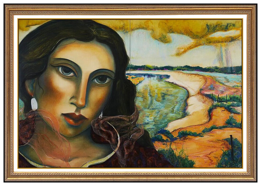 Miguel Martinez Large Pastel Painting On Board Female Portrait Signed Landscape (1 of 6)