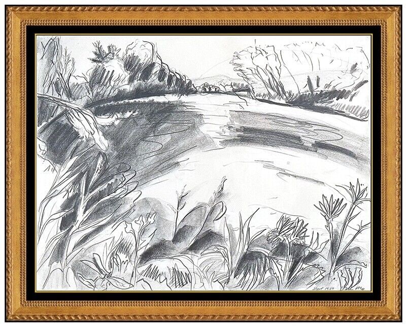 Eric Aho Authentic Original Charcoal Drawing Signed Framed Water Landscape Art (1 of 4)