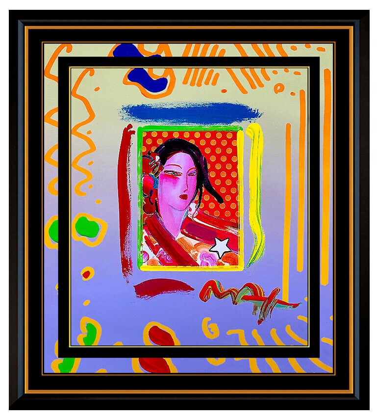 Peter Max Acrylic Painting Original Asia Signed Pop Art Blushing Beauty Profile: This lot includes:Gallery COA & free domestic shipping (*insurance and international shipping for an additional charge)Artist: Peter Max'sTitle: Asia Medium: Acrylic and Collage on paperSize: 14" x 12