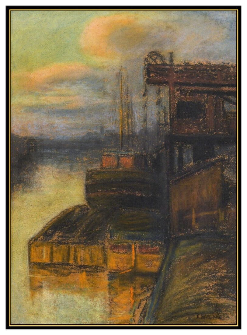 Frederick R Wagner Pastel Painting Original Water Landscape Signed Framed Art: This lot includes:Gallery COA & free domestic shipping (*insurance and international shipping for an additional charge)Artist: Frederick R Wagner Title: The Ship Yard Medium: Pastel painting on Art Pa