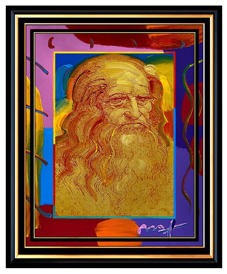 Peter Max Original Acrylic Painting Of Artist Leonardo Da Vinci Signed Pop Art: This lot includes:Gallery COA & free domestic shipping (*insurance and international shipping for an additional charge)Artist: Peter MaxTitle: Leonardo Da VinciMedium: Acrylic and Collage on paperSize