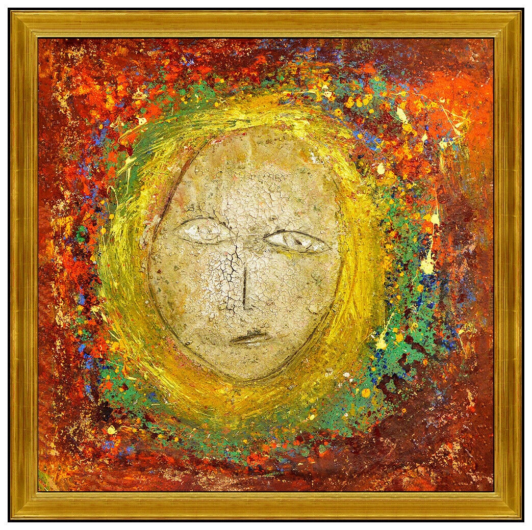 Jamali Large Original Fresco Tempera Painting Abstract Modern Portrait Signed: This lot includes:Gallery COA & free domestic shipping (*insurance and international shipping for an additional charge)Artist: Jamali Title: Face In The Sun Medium: Fresco Tempera Painting Size: 45" x