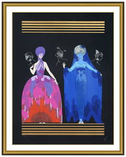 Erte Large Large Embossed Serigraph Evening Night Signed Female Costume Deco Ar: This Lot Includes:Gallery Coa & Free Domestic Shipping (*Insurance And International Shipping For An Additional Charge)Artist: ErteTitle: Evening NightMedium: SerigraphSize: 44” X 33