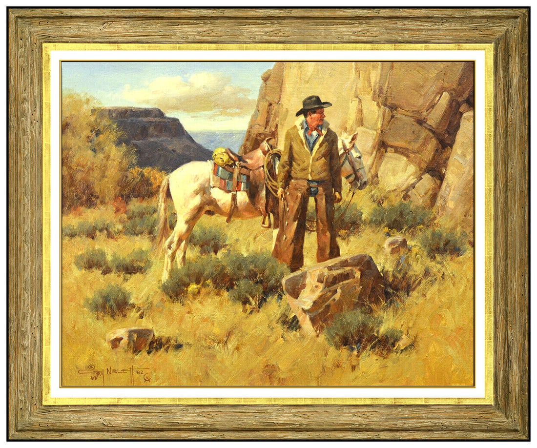 Gary Niblett Original Oil Painting On Canvas Western Landscape Horse Signed Art: This lot includes:Gallery COA & free domestic shipping (*insurance and international shipping for an additional charge)Artist: Gary NiblettTitle: Finding Camp Medium: Oil Painting on CanvasSize: 22" x