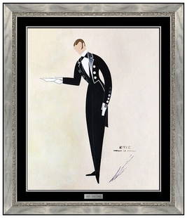 Erte Original Gouache Painting Signed Art Deco Fashion Costume Design Framed Art: This lot includes:Gallery COA & free domestic shipping (*insurance and international shipping for an additional charge)Artist: Erte Title: L'extraMedium: gouache paintingSize: 12 ½” x 10&