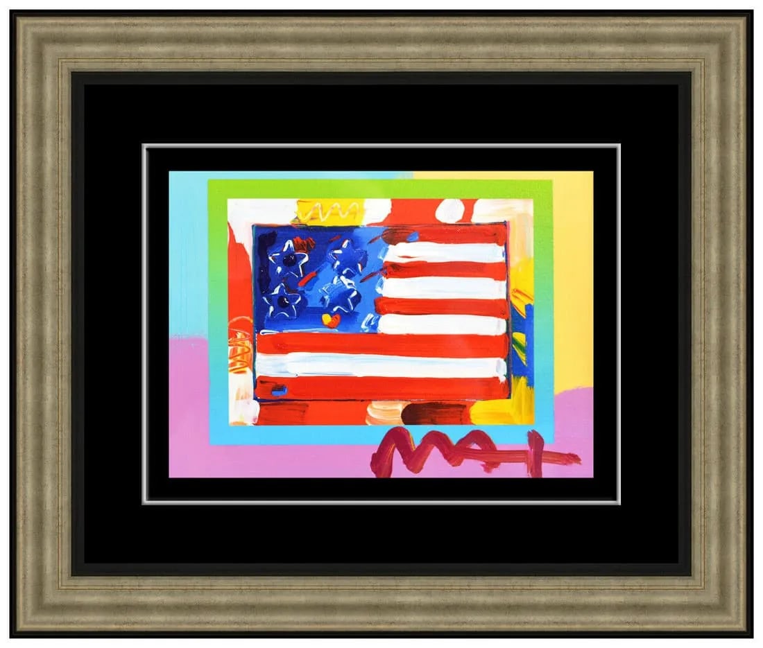 Peter Max Original Mixed Media Painting American Flag With Heart Signed Framed (1 of 5)