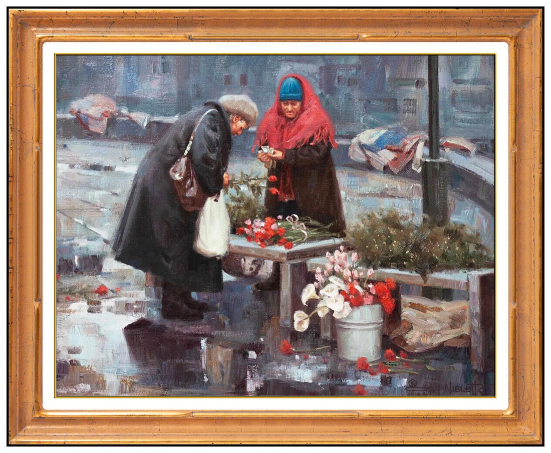Gary Niblett Original Painting On Canvas Female Portrait Cityscape Signed Art: This Lot Includes:Gallery Coa & Free Domestic Shipping (*Insurance And International Shipping For An Additional Charge)Artist: Gary NiblettTitle: At the MarketMedium: oil painting on canvas Size: 14"