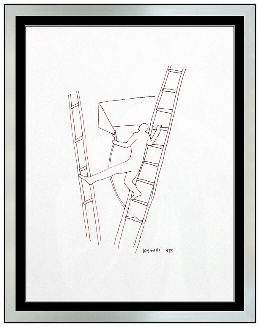 Mark Kostabi Original Faceless Figure Ink Drawing Figurative Signed Modern Art: This lot includes:Gallery COA & free domestic shipping (*insurance and international shipping for an additional charge)Artist: Mark Kostabi Title: I Climb Therefore I AmMedium: Ink DrawingSize: 12&rdq
