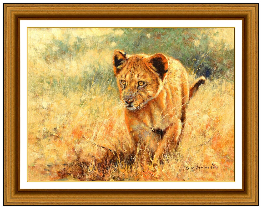 Eric Forlee Original Painting On Canvas Wildlife Lion Animal Signed Framed Art: This lot includes:Gallery COA & free domestic shipping (*insurance and international shipping for an additional charge)Artist: Eric ForleeTitle: Lion CubMedium: Oil Painting on CanvasSize: 12" x 16"Fr