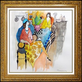 Itzchak Tarkay Original Painting Watercolor Signed Lady Cafe Portrait Artwork