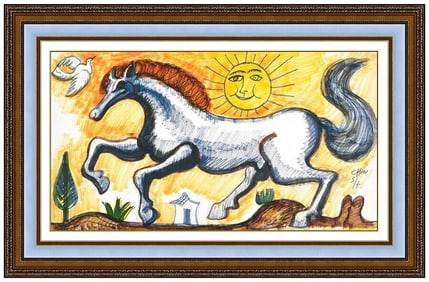 Jose Chavez Morado Original Color Ink Drawing Signed Landscape Horse Framed Art