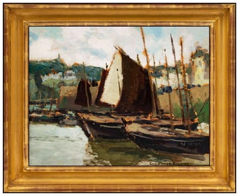 George Elmer Browne Original Painting On Board Signed Water Landscape Framed Art