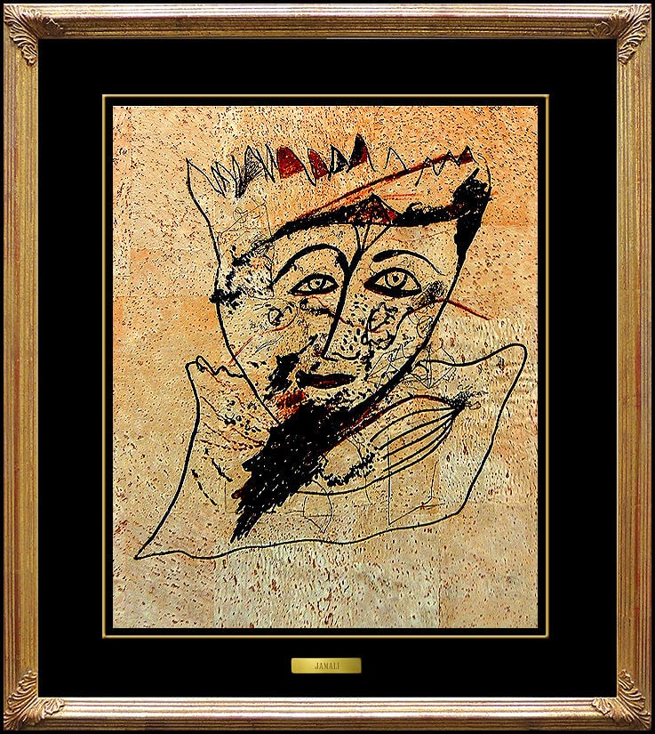 Jamali Original Painting Pigmentation On Cork Abstract Profile Signed Artwork: This lot includes:Gallery COA & free domestic shipping (*insurance and international shipping for an additional charge)Artist: JamaliTitle: The Royal KingMedium: Pigmentation on Cork PaintingSize: 14"
