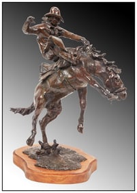 Daro Flood Western Bronze Sculpture Full Round Signed Blind Buck Cowboy Horse