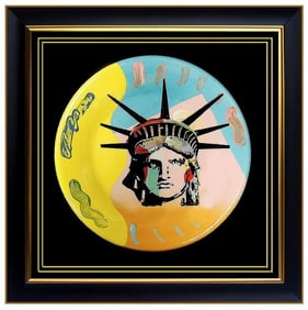 Peter Max Original Ceramic Plate Painting Signed Liberty Head Pop Art Acrylic
