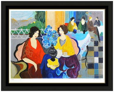 Itzchak Tarkay Original Embossed Serigraph Cafe Female Ladies Signed Framed Art: This lot includes:Gallery COA & free domestic shipping (*insurance and international shipping for an additional charge)Artist: Itzchak TarkayTitle: Cafe On The HillsideMedium: SerigraphSize: 20 &frac1