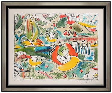 Peter Max Flower Abstract Color Lithograph Hand Signed Vintage Pop Artwork Vase: This lot includes:Gallery COA & free domestic shipping (*insurance and international shipping for an additional charge)Artist: Peter MaxTitle: Abstract FlowersMedium: LithographSize: 21.5" x 27"Framed