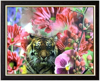 Yankel Ginzburg Mixed Media On Canvas Original Signed Art Flower Tiger Painting