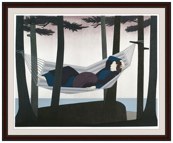 Will Barnet Original Color Lithograph Summer Idyll Large Woman Cat Art Framed