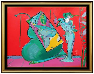 Peter Max Original Color Silkscreen Large Hand Signed Lady Red Vase Flowers Art
