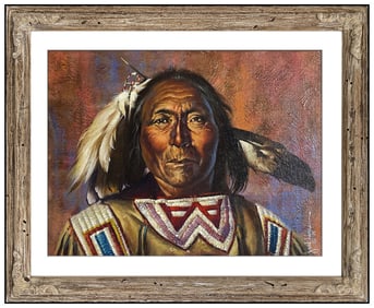 Jack Hines Original Oil Painting On Board Signed Native American Portrait Framed
