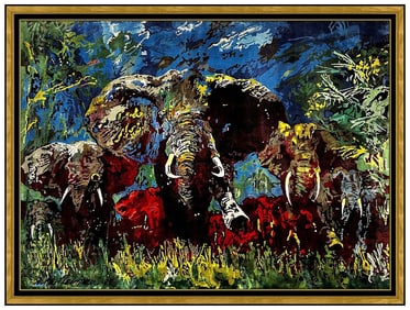 Leroy Neiman Large Original Color Tapestry Hand Signed Elephant Stampede Framed