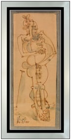 Oswaldo Vigas Original Abstract Charcoal Ink Drawing Signed Framed Figurative